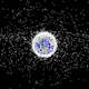A diagram of space junk in orbit around Earth. Note the difference between objects in Low Earth Orbit (nearest to Earth) and those in Geosynchronous orbit (the outer ring). Objects are not to scale.
